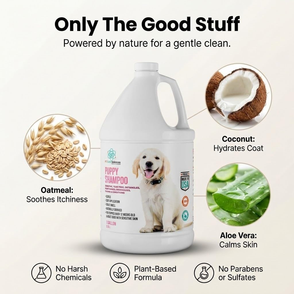 1 Gallon Hypoallergenic Tearless Puppy Shampoo and Conditioner - Itchy Skin Relief with Coconut Oil and Oatmeal - Made in the USA