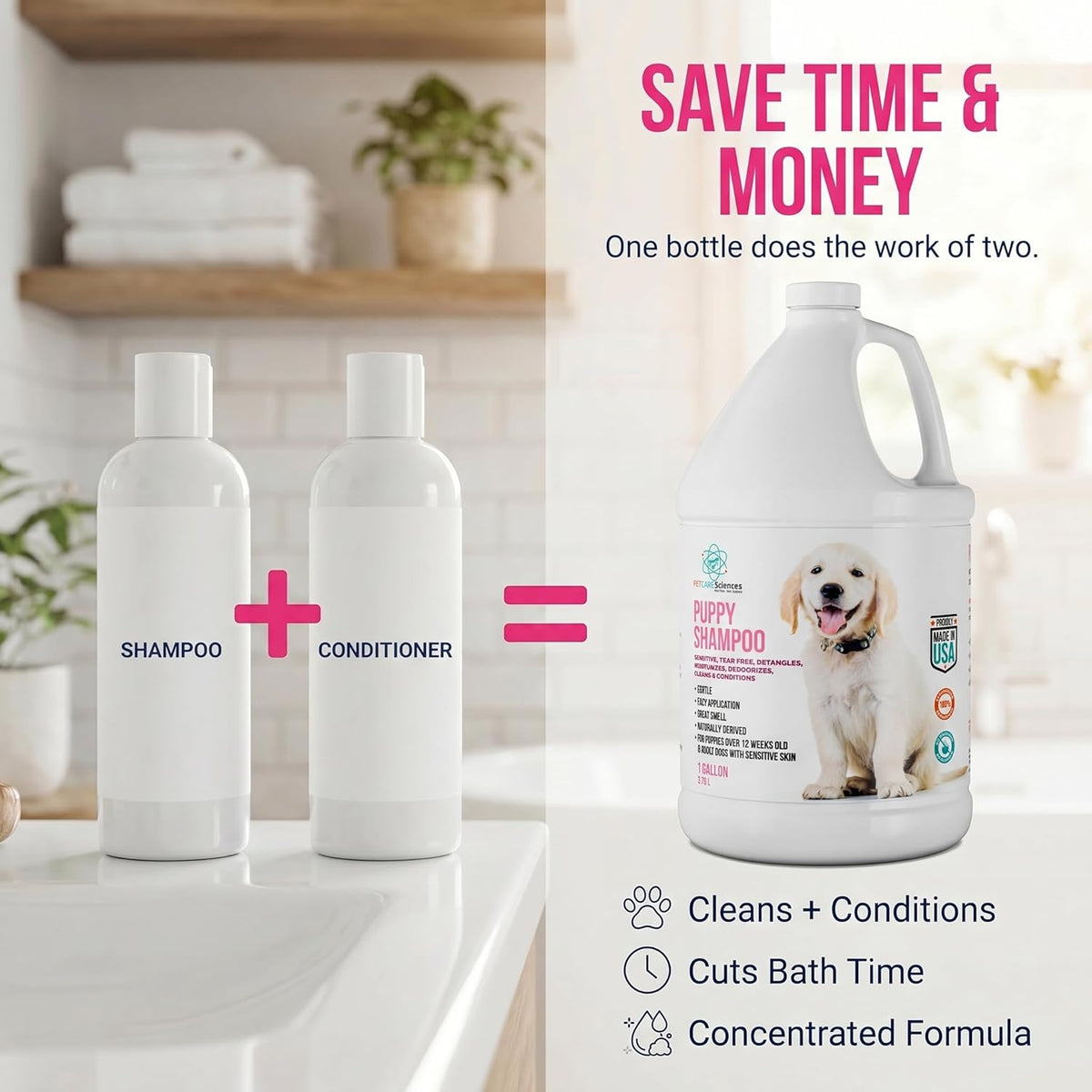 1 Gallon Hypoallergenic Tearless Puppy Shampoo and Conditioner - Itchy Skin Relief with Coconut Oil and Oatmeal - Made in the USA