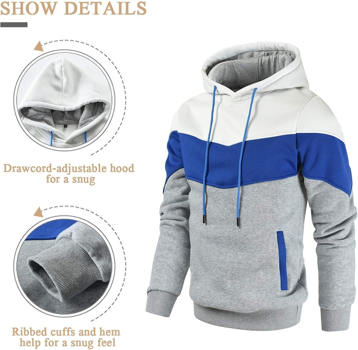 Men's Color Block Pullover Fleece Hoodie Casual Sweatshirt