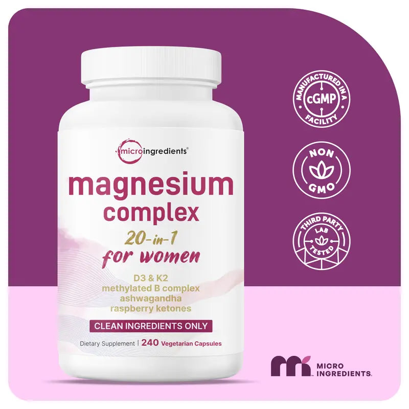 Elevate Your Wellness with Magnesium Complex for Women - 240 Vegetarian Capsules | Powerful 20-in-1 Blend with Vitamin D3, K2, Ashwagandha & More | Filler-Free & Non-GMO