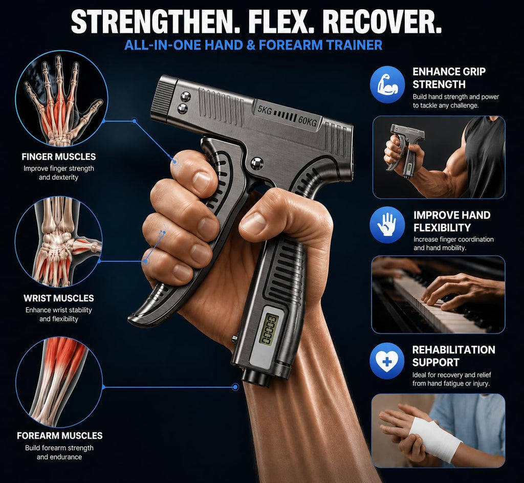 Adjustable Grip Strength Trainer with Finger Exerciser and Digital Counter for Strength Training, Recovery, and Muscle Development