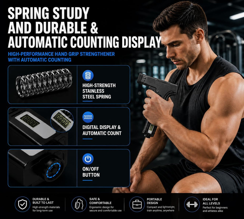 Adjustable Grip Strength Trainer with Finger Exerciser and Digital Counter for Strength Training, Recovery, and Muscle Development