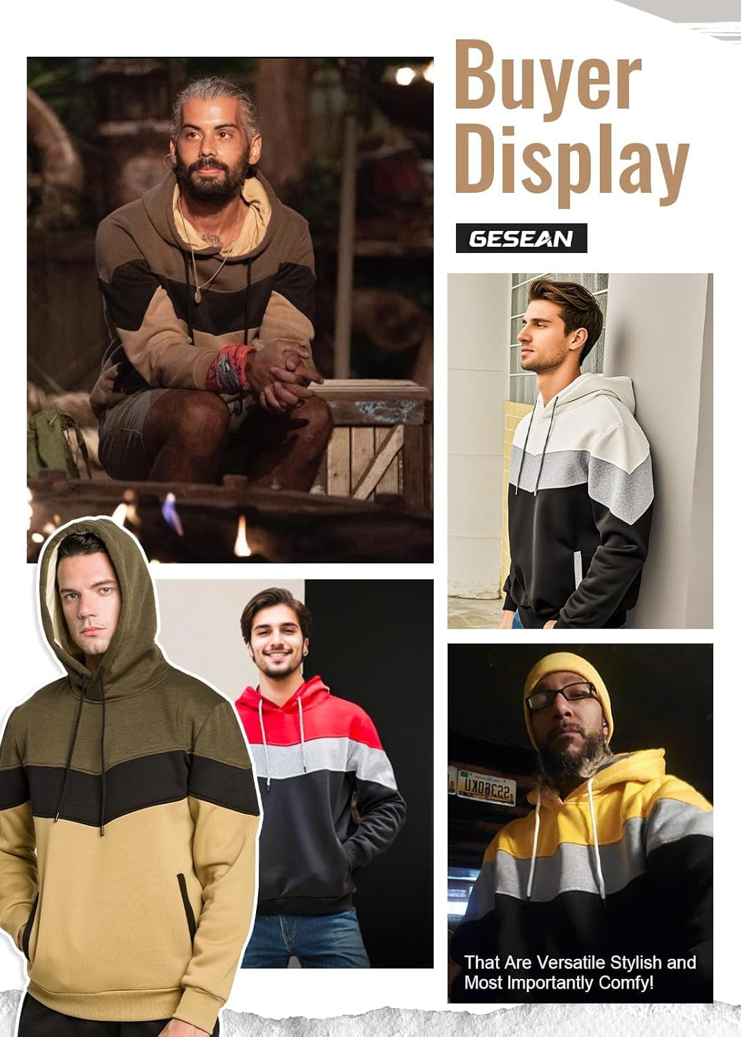 Men's Color Block Pullover Fleece Hoodie Casual Sweatshirt