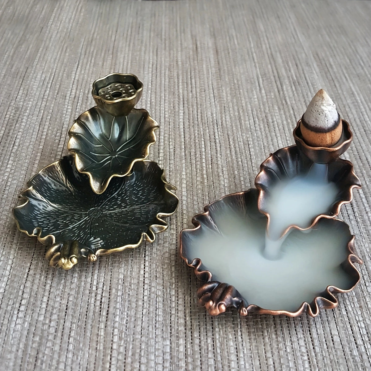 Elegant Leaf-Shaped Zinc Alloy Waterfall Burner Black Copper Zen Meditation Incense Holder for Yoga Spa Home Decor Battery-Free