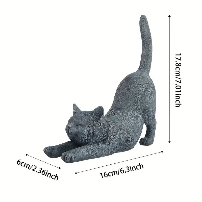 Yoga Stretching Cat Statue - Zen Kitten Garden Figurine for Outdoor Decor, Gray Kitty Sculpture for Patio & Balcony Ornament