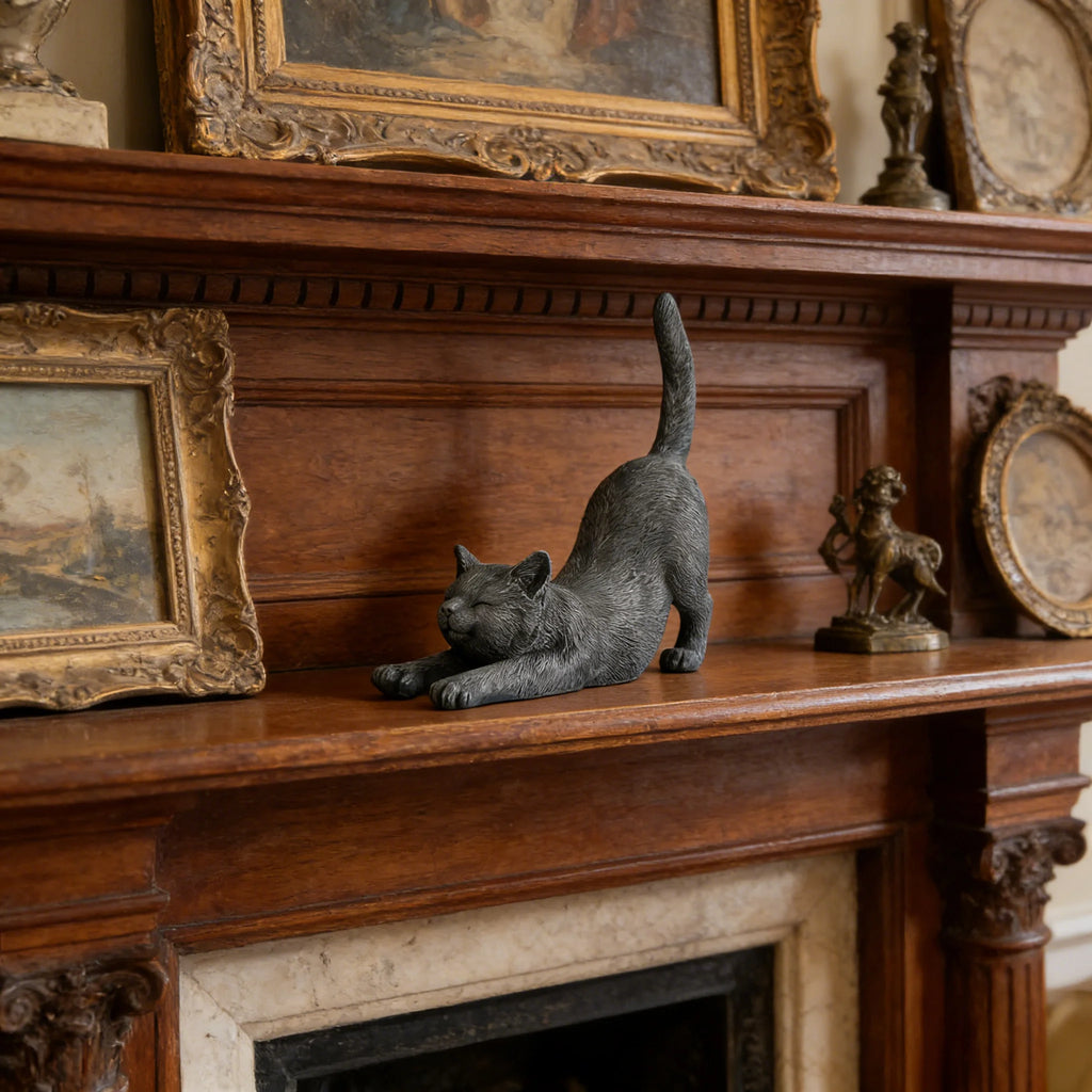 Yoga Stretching Cat Statue - Zen Kitten Garden Figurine for Outdoor Decor, Gray Kitty Sculpture for Patio & Balcony Ornament