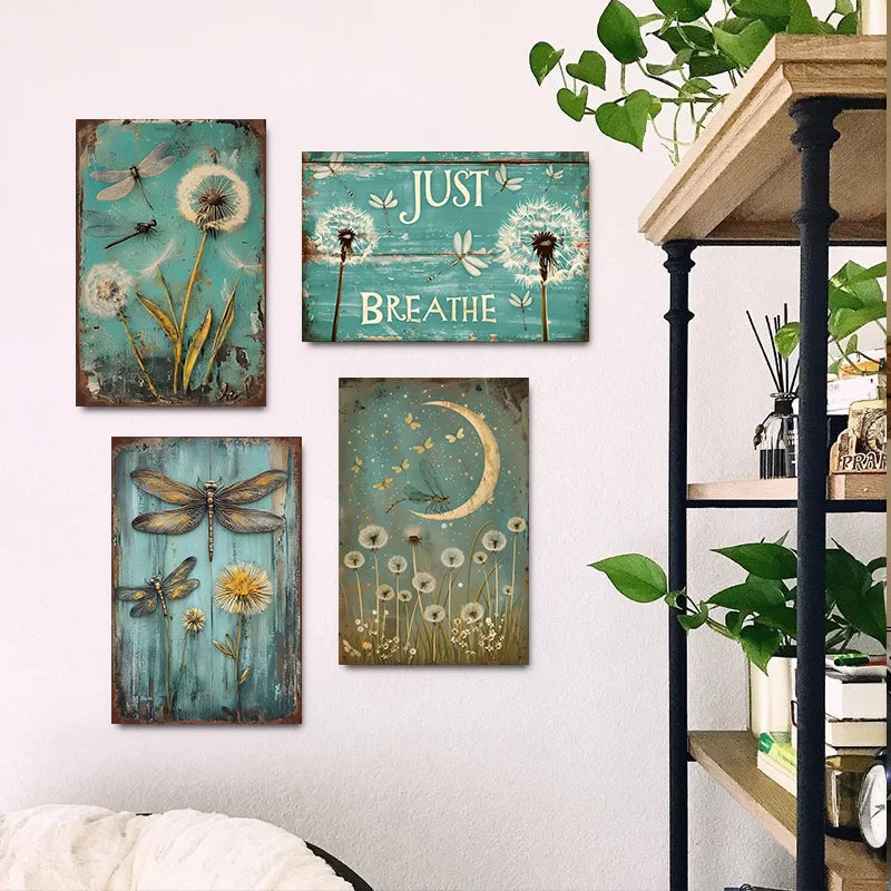 Dandelion Dragonfly Metal Tin Sign Retro Just Breathe Wall Decor for Home Bedroom Yoga Studio Relaxation Decoration