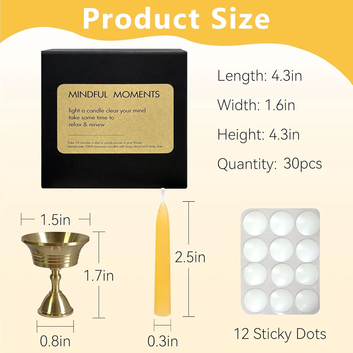 20 Min Beeswax Meditation Candles, Includes Mini Candle Holder & 1pcs Wax Dots,  Yoga Prayer Mindfulness & Relaxation, 30 Pack