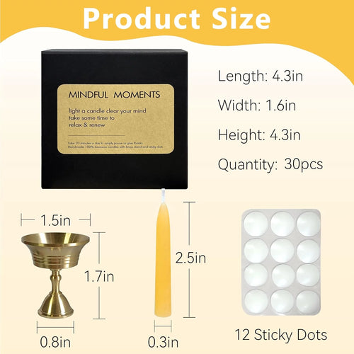 20 Min Beeswax Meditation Candles, Includes Mini Candle Holder & 1pcs Wax Dots,  Yoga Prayer Mindfulness & Relaxation, 30 Pack