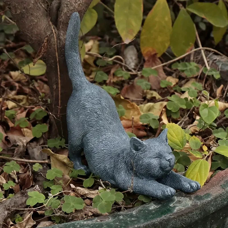 Yoga Stretching Cat Statue - Zen Kitten Garden Figurine for Outdoor Decor, Gray Kitty Sculpture for Patio & Balcony Ornament