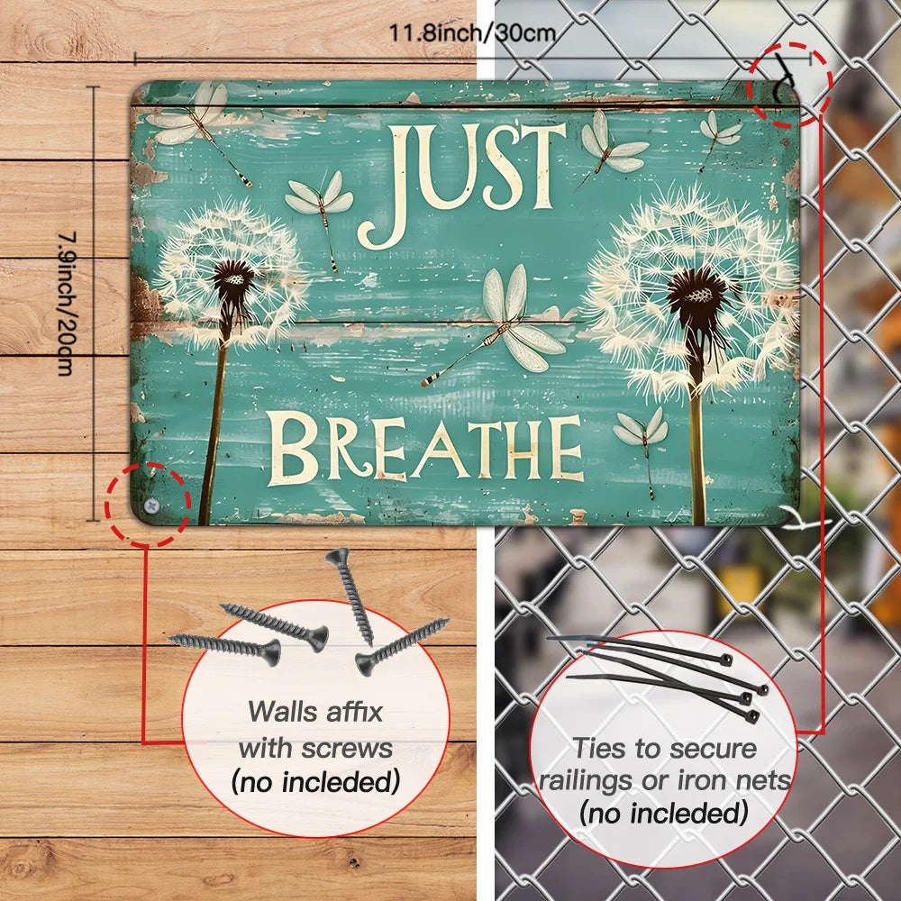 Dandelion Dragonfly Metal Tin Sign Retro Just Breathe Wall Decor for Home Bedroom Yoga Studio Relaxation Decoration