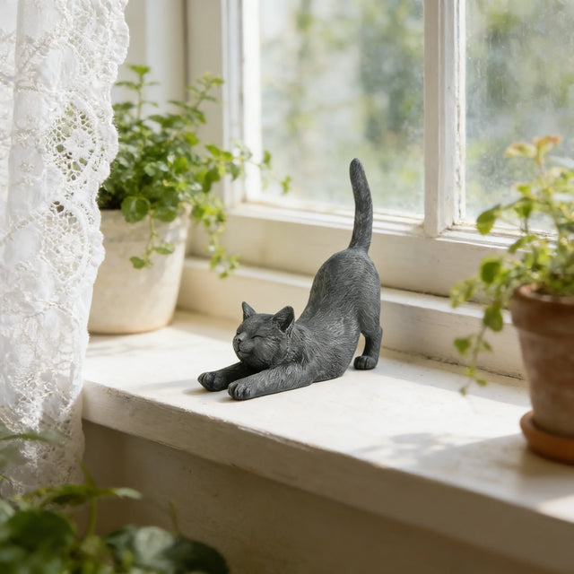 Yoga Stretching Cat Statue - Zen Kitten Garden Figurine for Outdoor Decor, Gray Kitty Sculpture for Patio & Balcony Ornament