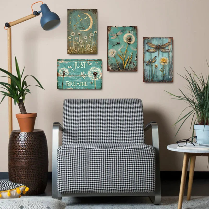 Dandelion Dragonfly Metal Tin Sign Retro Just Breathe Wall Decor for Home Bedroom Yoga Studio Relaxation Decoration