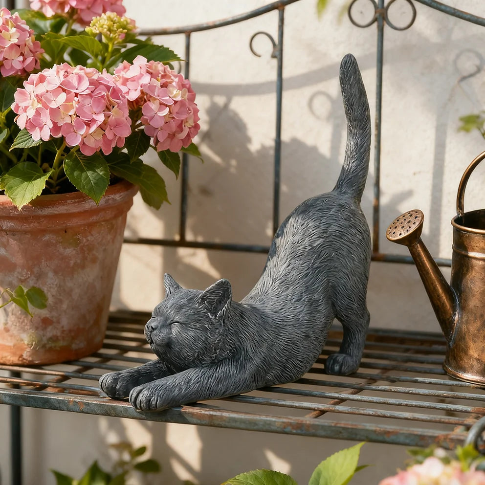 Yoga Stretching Cat Statue - Zen Kitten Garden Figurine for Outdoor Decor, Gray Kitty Sculpture for Patio & Balcony Ornament
