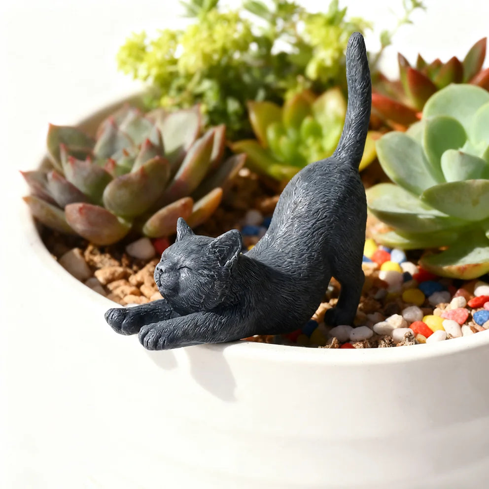 Yoga Stretching Cat Statue - Zen Kitten Garden Figurine for Outdoor Decor, Gray Kitty Sculpture for Patio & Balcony Ornament