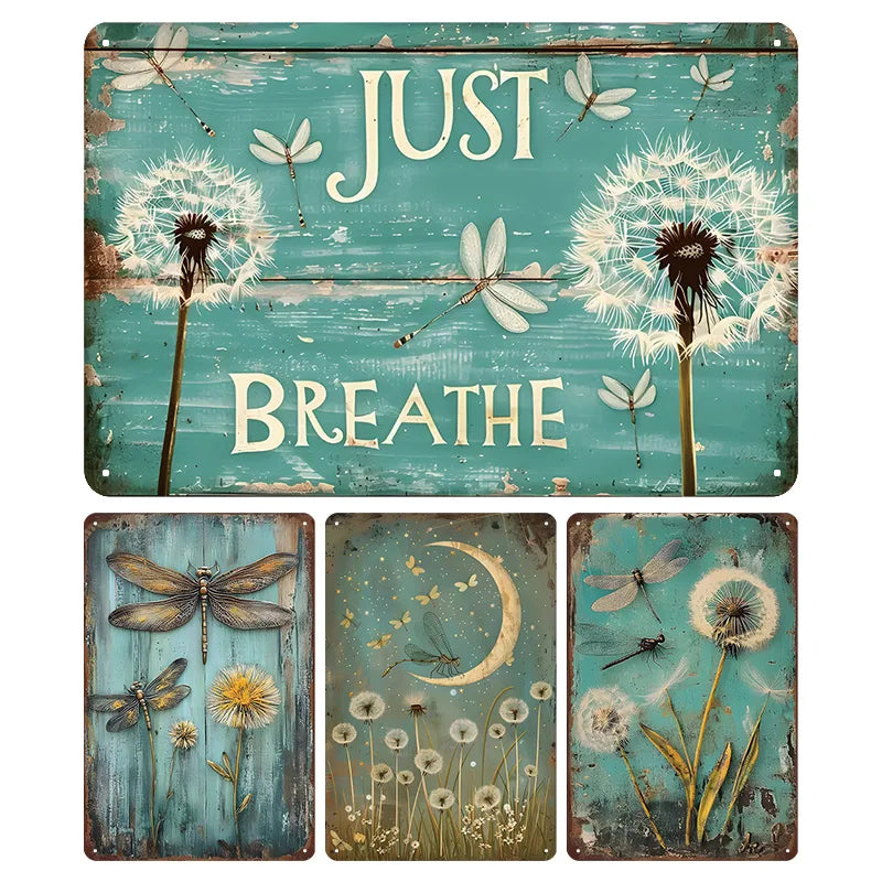 Dandelion Dragonfly Metal Tin Sign Retro Just Breathe Wall Decor for Home Bedroom Yoga Studio Relaxation Decoration