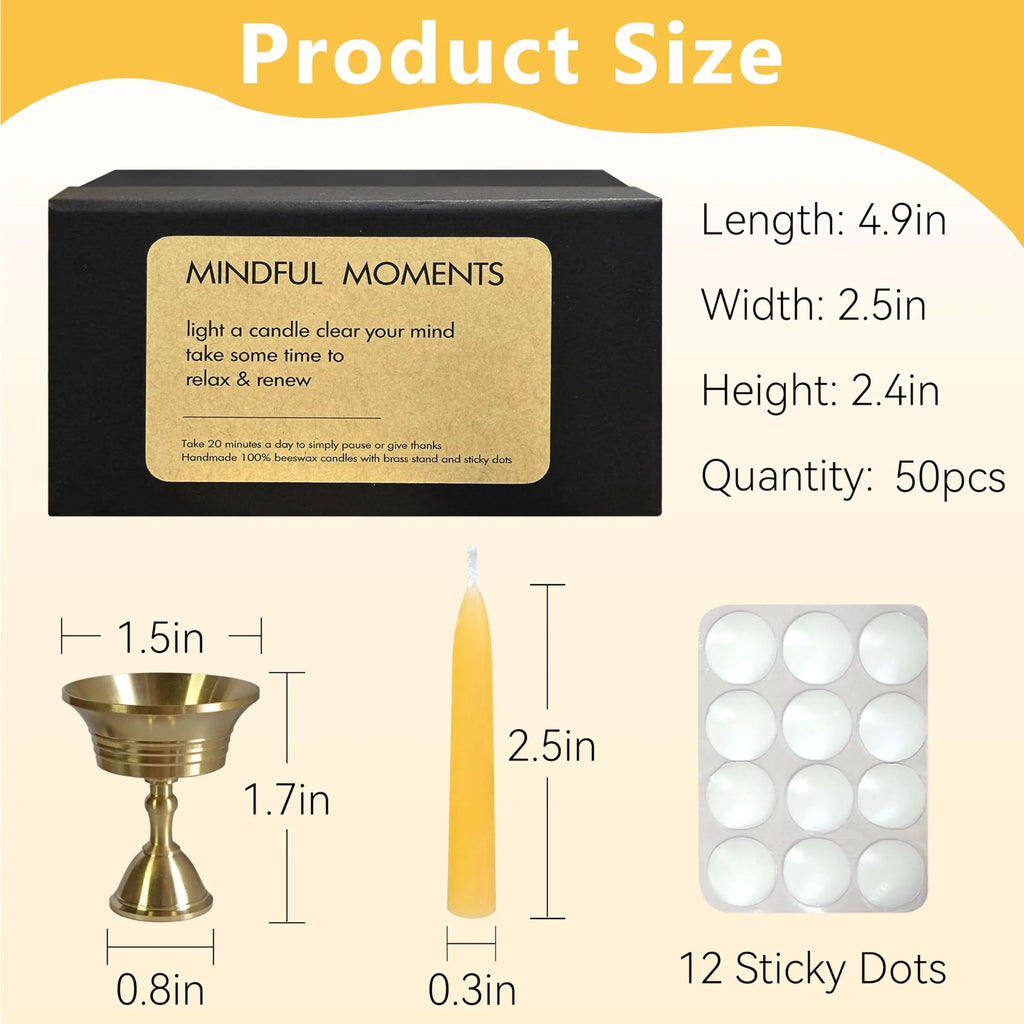 20 Min Beeswax Meditation Candles, Includes Mini Candle Holder & 1pcs Wax Dots,  Yoga Prayer Mindfulness & Relaxation, 50 Pack
