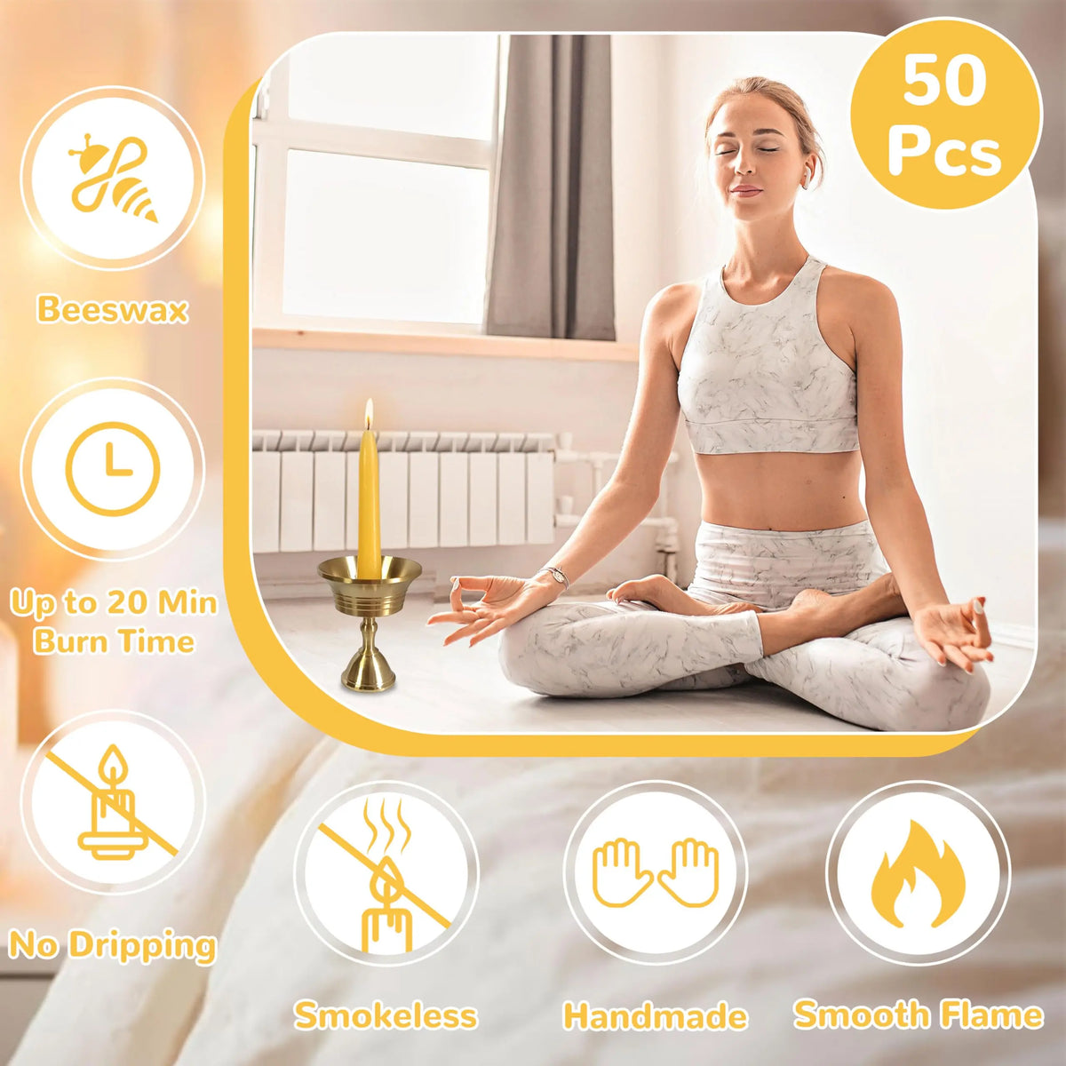 20 Min Beeswax Meditation Candles, Includes Mini Candle Holder & 1pcs Wax Dots,  Yoga Prayer Mindfulness & Relaxation, 50 Pack