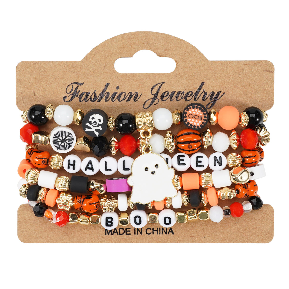Halloween Beaded Bracelet Set - Boo Charm, 6 Pieces