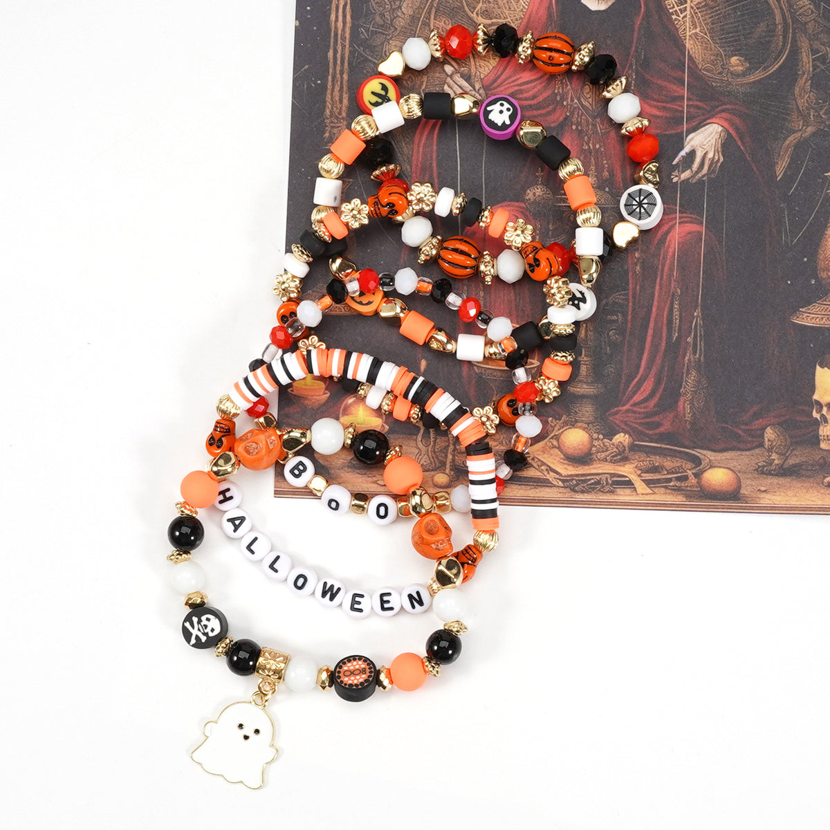 Halloween Beaded Bracelet Set - Boo Charm, 6 Pieces