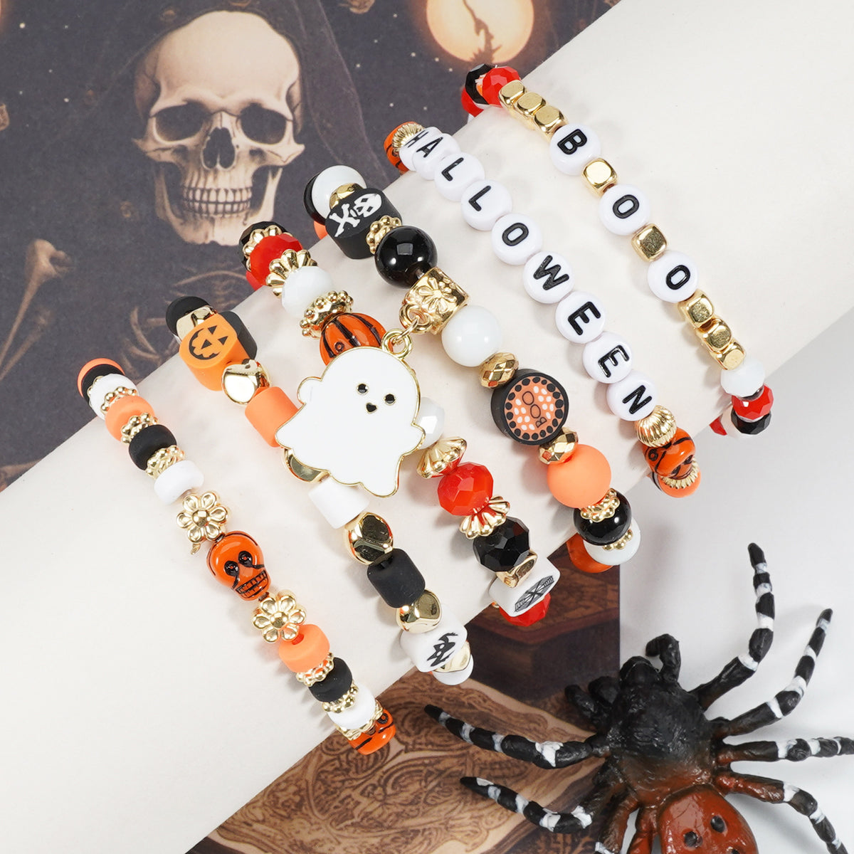 Halloween Beaded Bracelet Set - Boo Charm, 6 Pieces