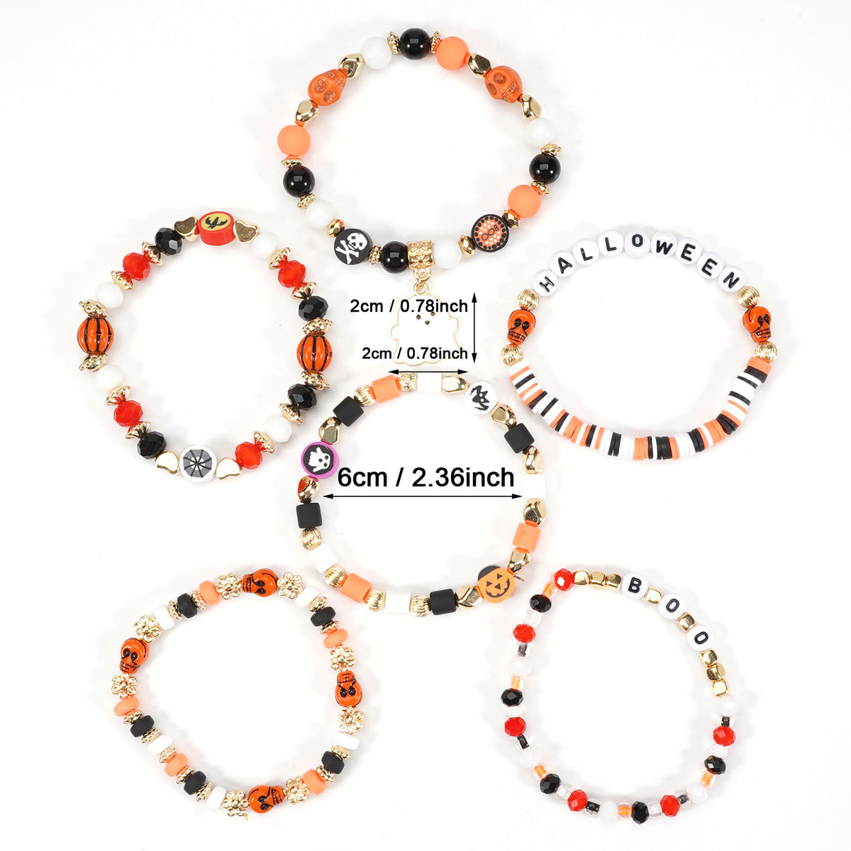 Halloween Beaded Bracelet Set - Boo Charm, 6 Pieces