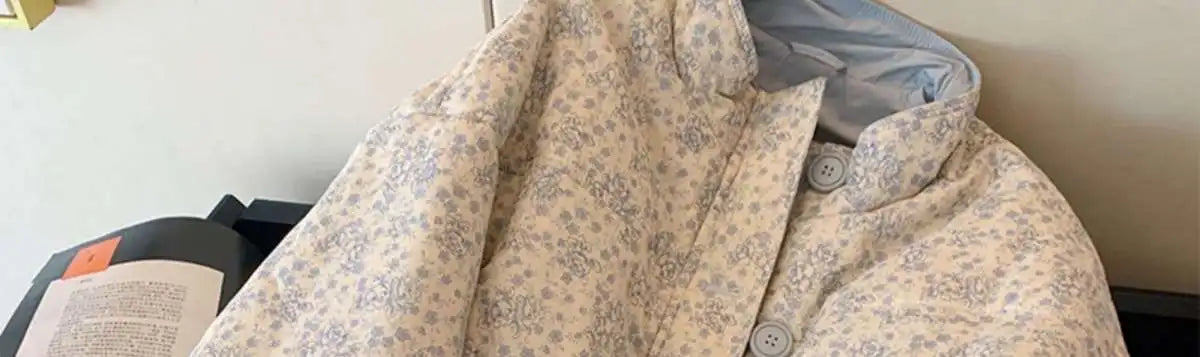 Blue Printed Stand Up Collar Cotton Jacket for Women's Winter Casual