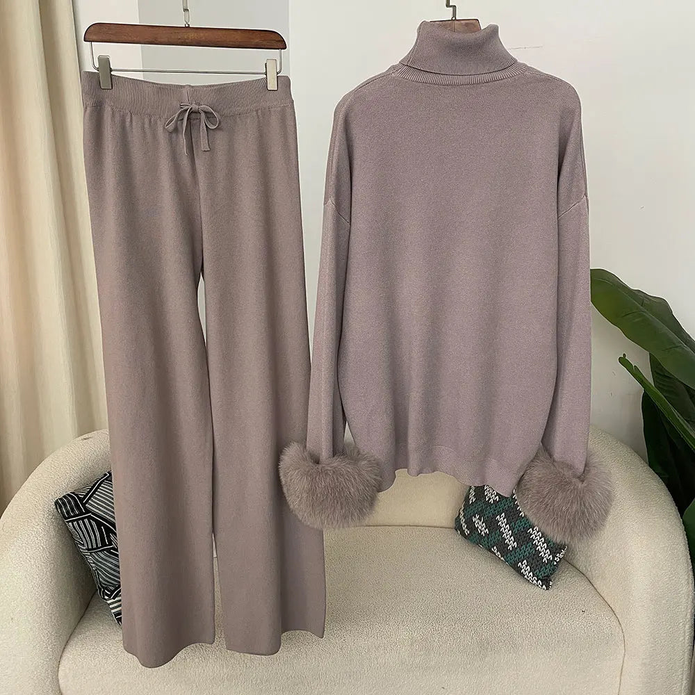 Women's Fox Fur Cuffs Knit Jacket & Pants Set