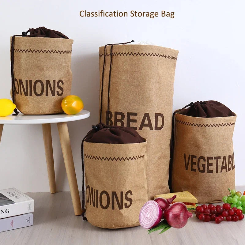 Sac de rangement en toile de jute pour cuisine : ail, oignons, pommes de terre, légumes, pain, sac à cordon, organisateur en tissu de jute pour pommes de terre