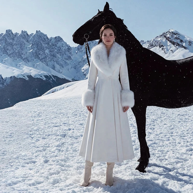 Women's Faux Fur Collar Wool Blend Maxi Dress Coat