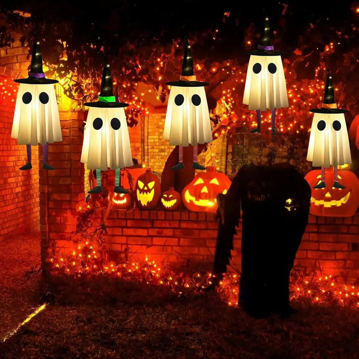 Halloween Hanging Ghost Decorations, Outdoor Halloween Witches Hat Lights, Glowing Ghosts for Garden Trees, Yard Halloween Decor