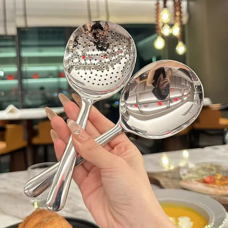 Nouvelle louche de service en acier inoxydable pour restaurant, usage public, filtre à soupe et riz, ustensile de cuisine, grande taille, couleur argentée, ensemble