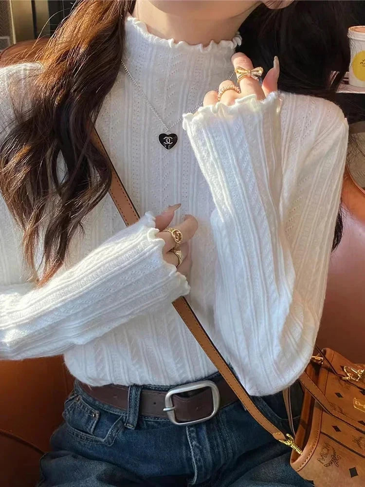 Women's Ruffled Semi-Turtleneck Knitted Sweater