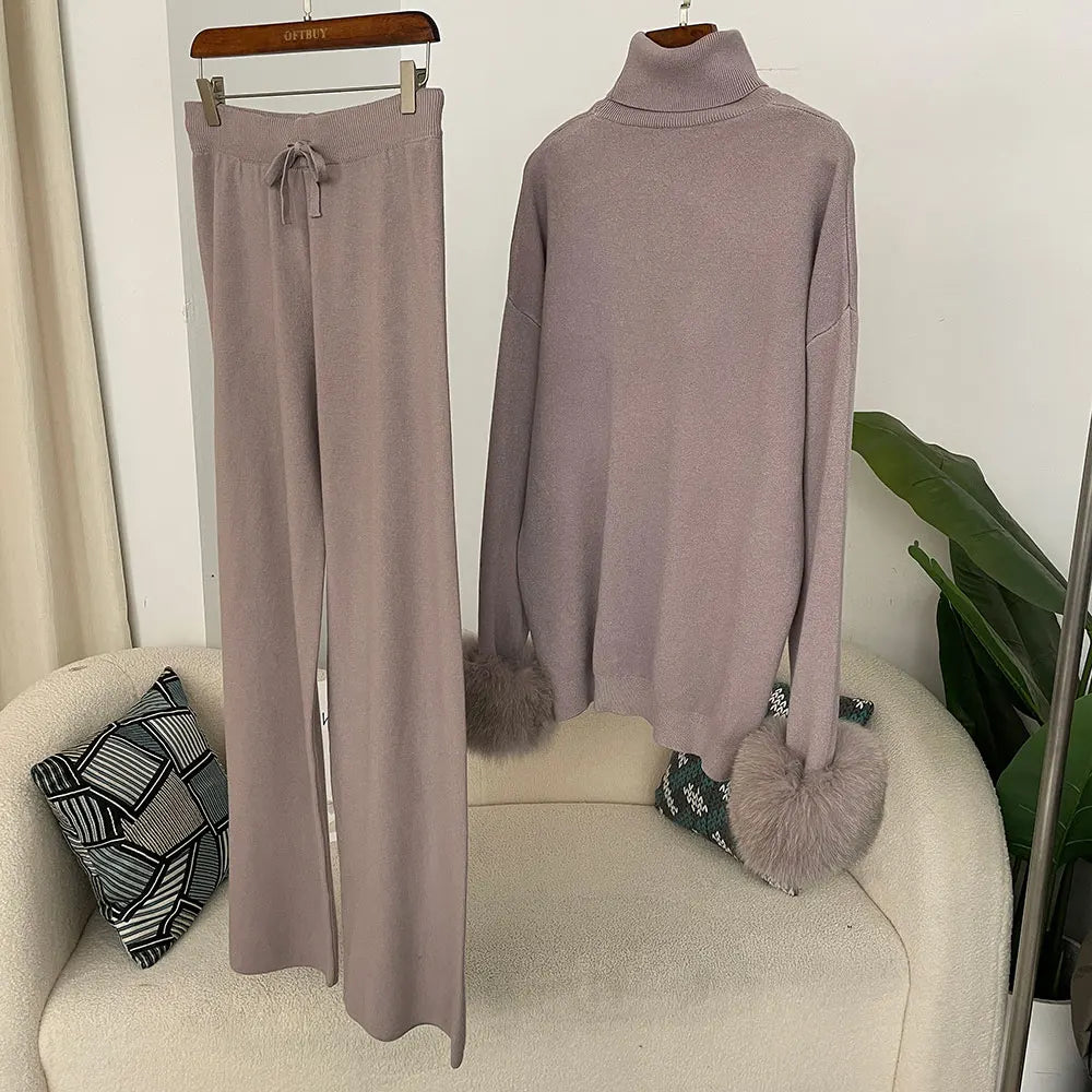 Women's Fox Fur Cuffs Knit Jacket & Pants Set
