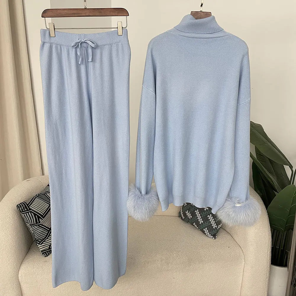 Women's Fox Fur Cuffs Knit Jacket & Pants Set