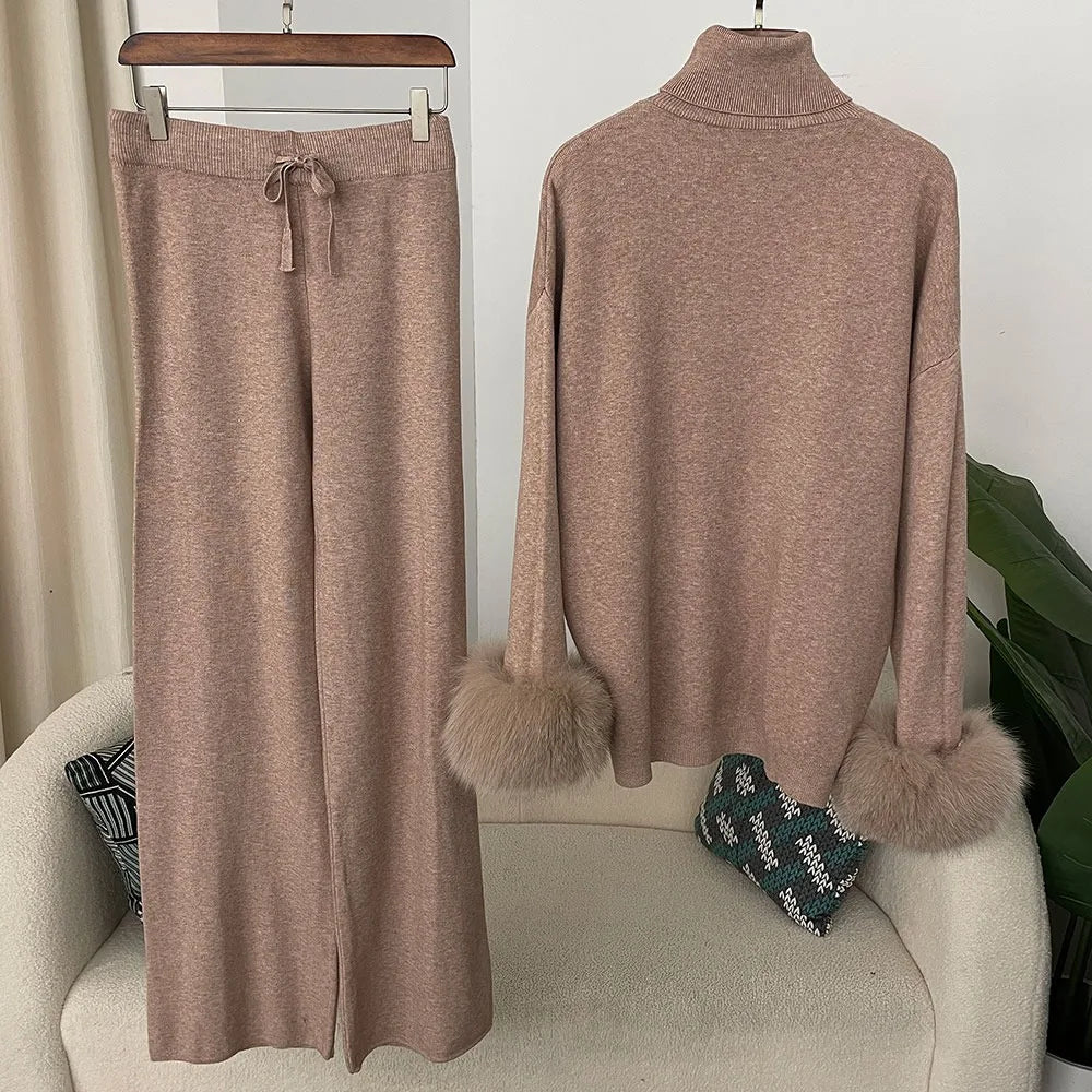 Women's Fox Fur Cuffs Knit Jacket & Pants Set