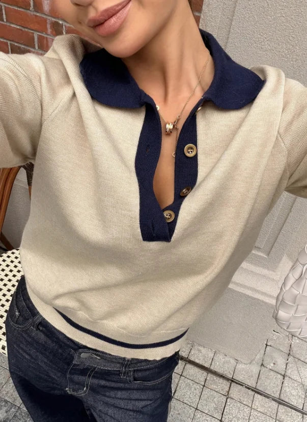 Women's Korean Style Color Block Polo Knit Top