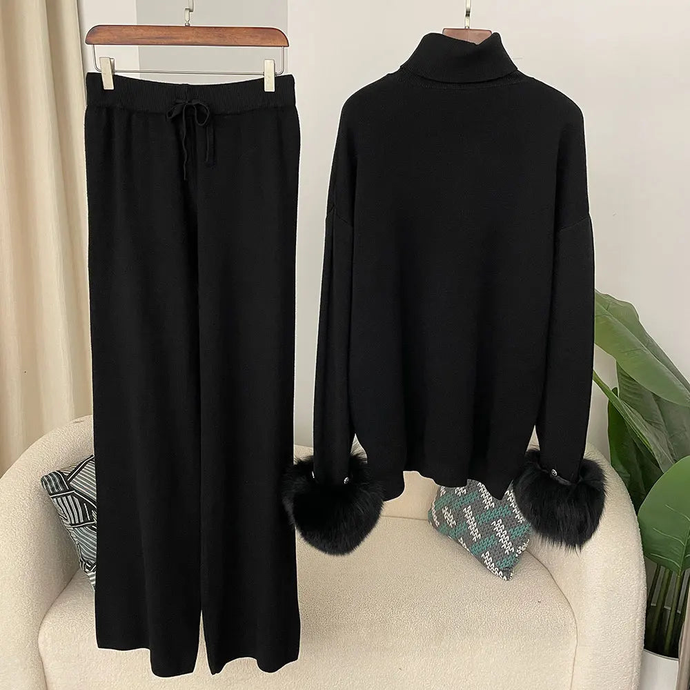 Women's Fox Fur Cuffs Knit Jacket & Pants Set