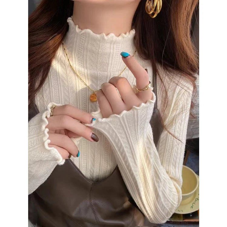 Women's Ruffled Semi-Turtleneck Knitted Sweater