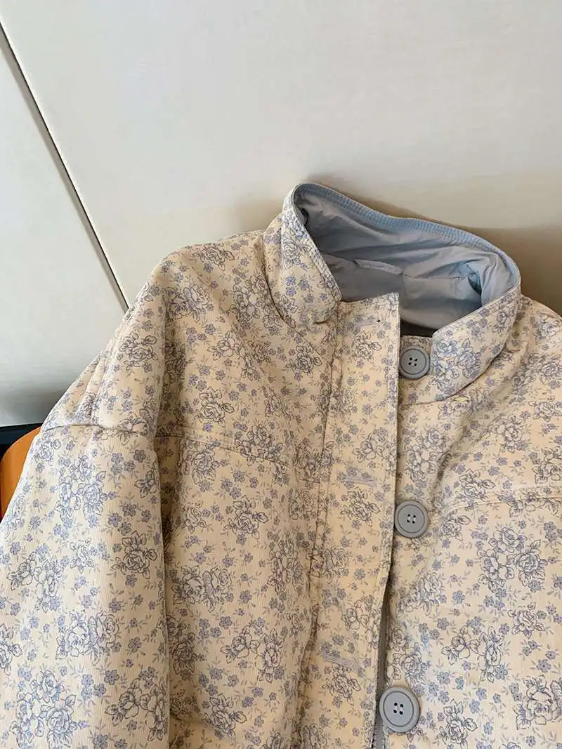 Blue Printed Stand Up Collar Cotton Jacket for Women's Winter Casual