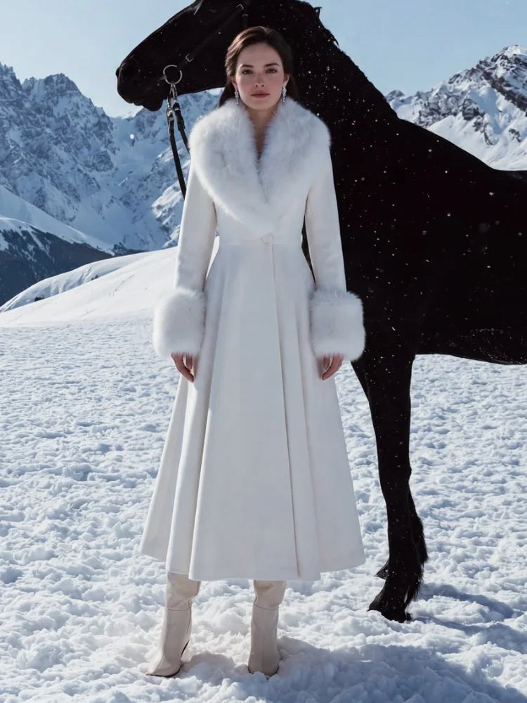 Women's Faux Fur Collar Wool Blend Maxi Dress Coat