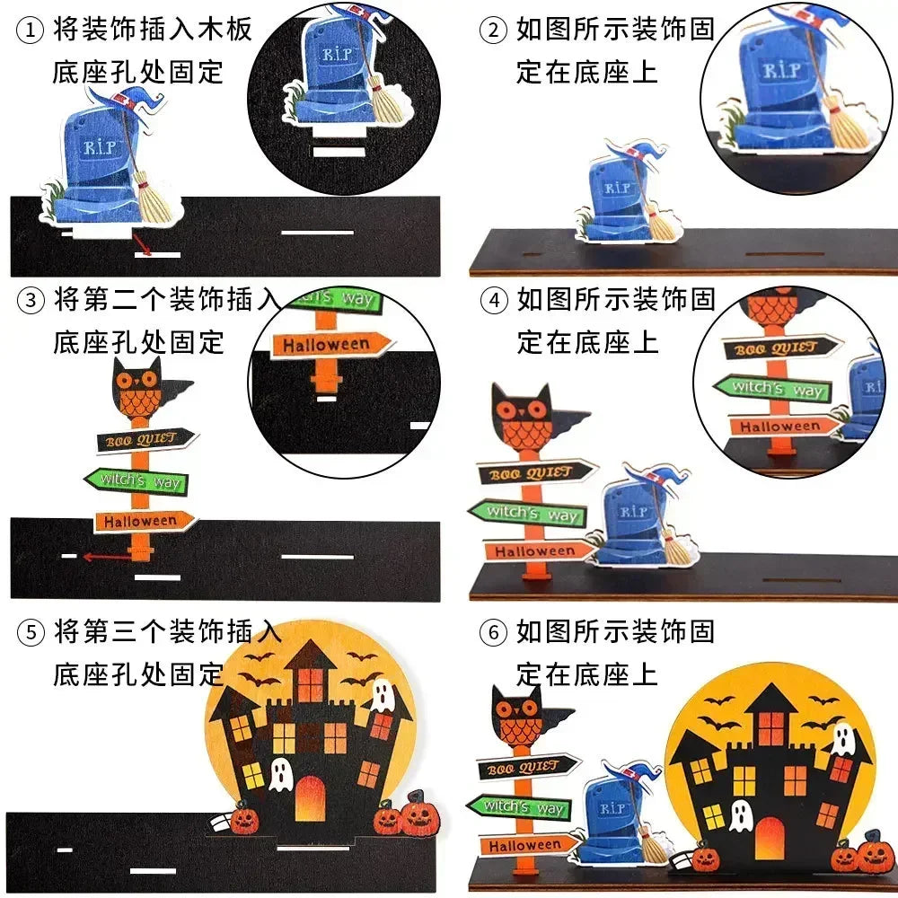 Halloween Desktop Decoration Wooden Castle Ornament Pumpkin Ghost Plaque Decor Trick or Treat Happy Halloween Party Decor