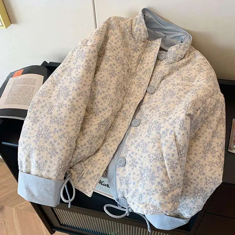 Blue Printed Stand Up Collar Cotton Jacket for Women's Winter Casual
