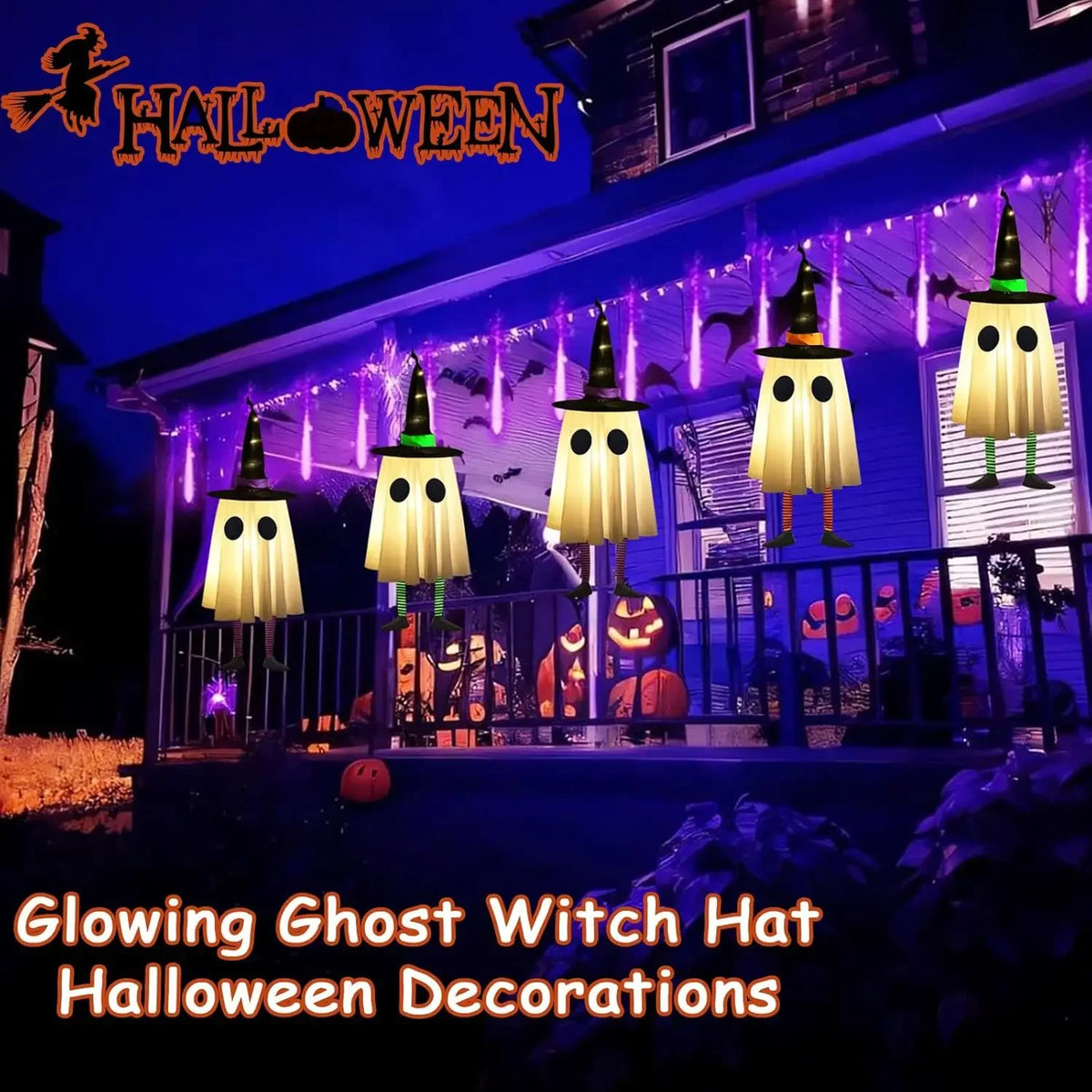 Halloween Hanging Ghost Decorations, Outdoor Halloween Witches Hat Lights, Glowing Ghosts for Garden Trees, Yard Halloween Decor