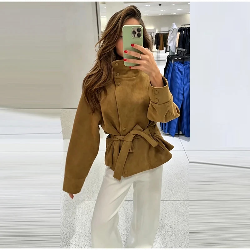 Women's Faux Suede Belted Winter Jacket