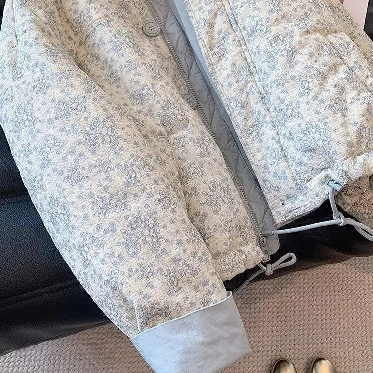 Blue Printed Stand Up Collar Cotton Jacket for Women's Winter Casual