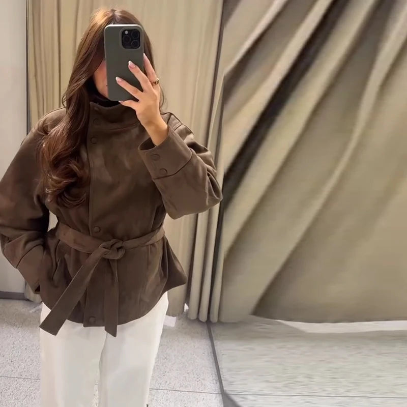 Women's Faux Suede Belted Winter Jacket