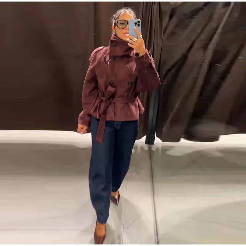 Women's Faux Suede Belted Winter Jacket
