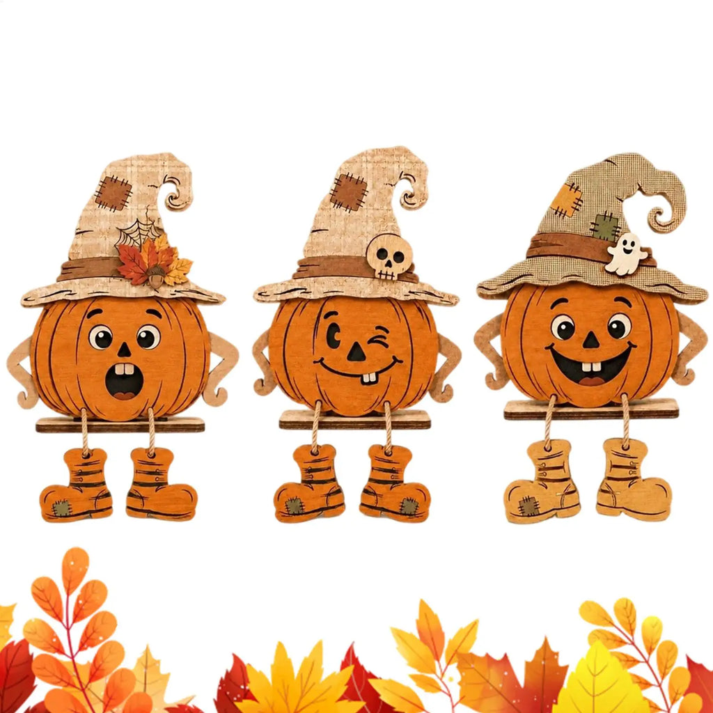 Halloween Wooden Pumpkin Decor 3 Pieces Farmhouse Tabletop Ornament 2D Pumpkin Character Festive Home Desk Mantel Decor Gifts