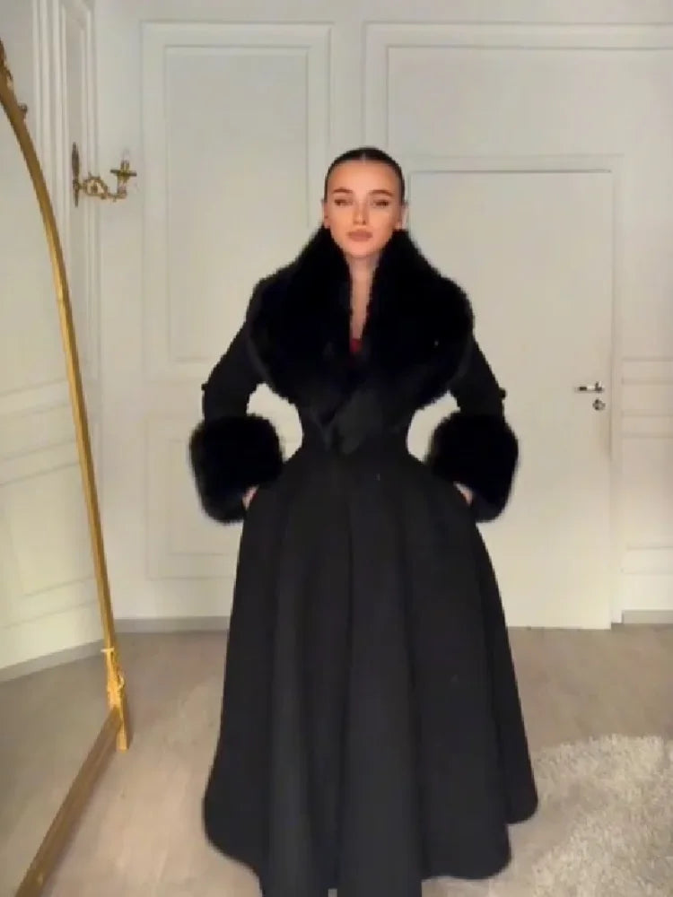 Women's Faux Fur Collar Wool Blend Maxi Dress Coat